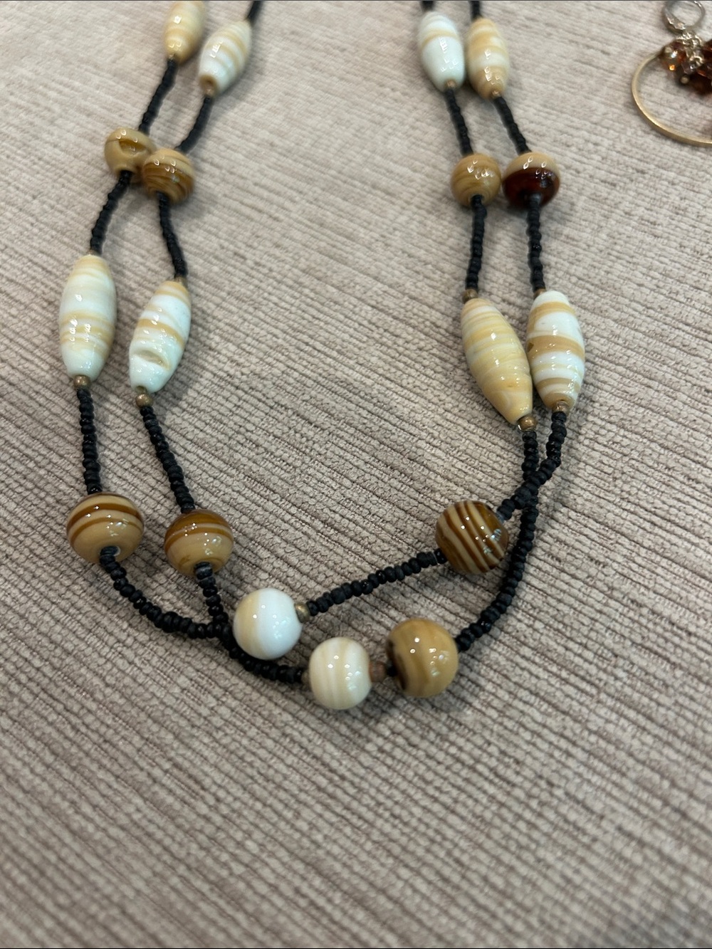 Handmade Cream & Brown Beaded Necklace with loop Earrings with tiger eye stone image 2